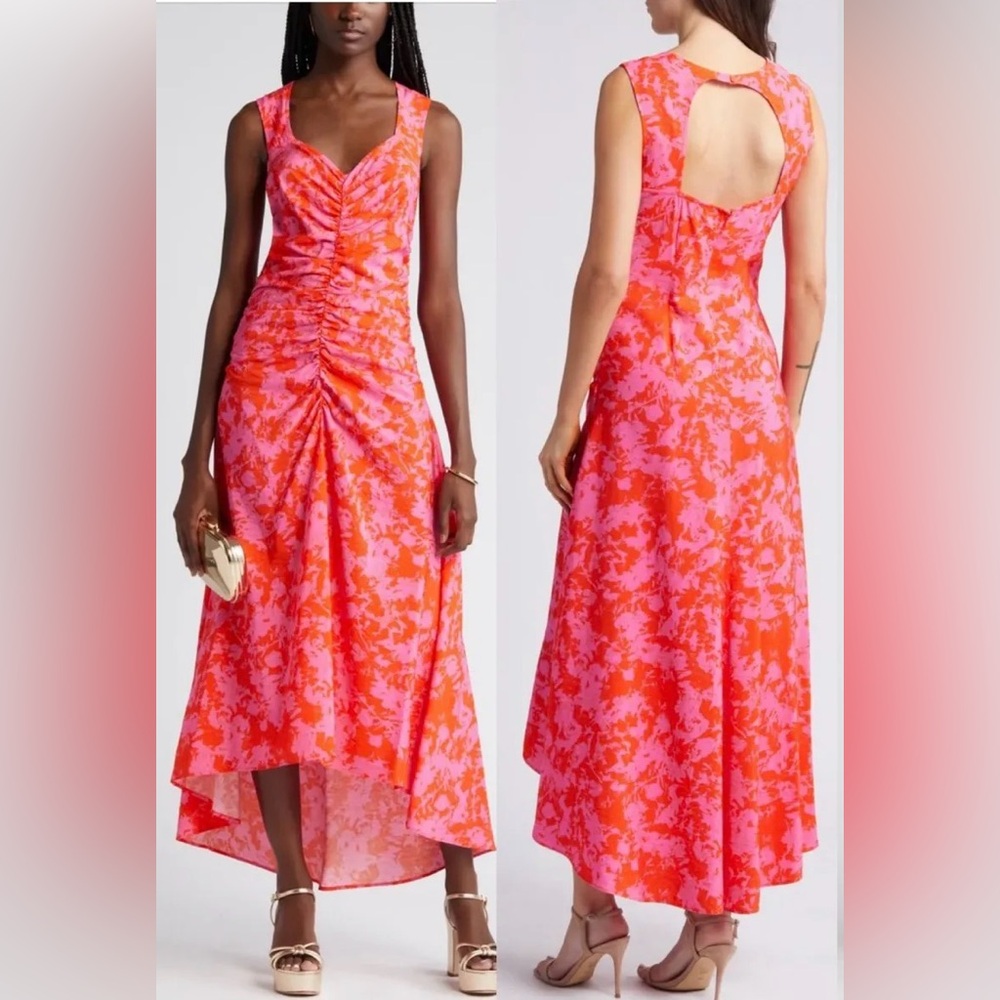 Chelsea28 Ruched High-low Midi Dress In Orange/ Pink XS